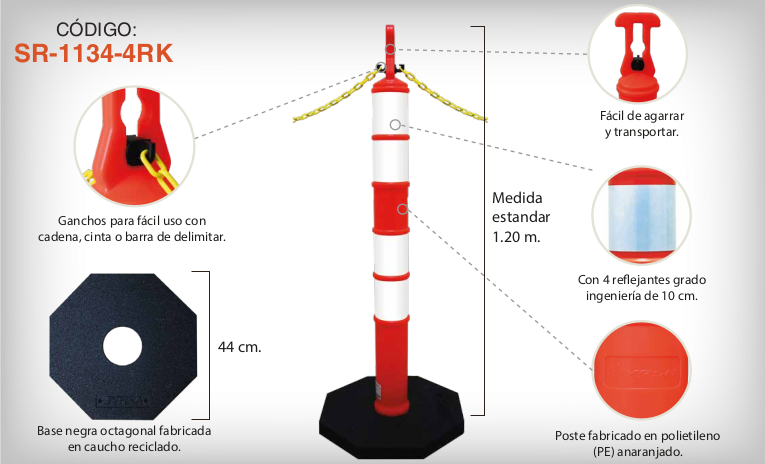 POSTE ANARANJADO DE 1.20M CON BASE NEGRA DE 6KGS. CON REFLEJANTE